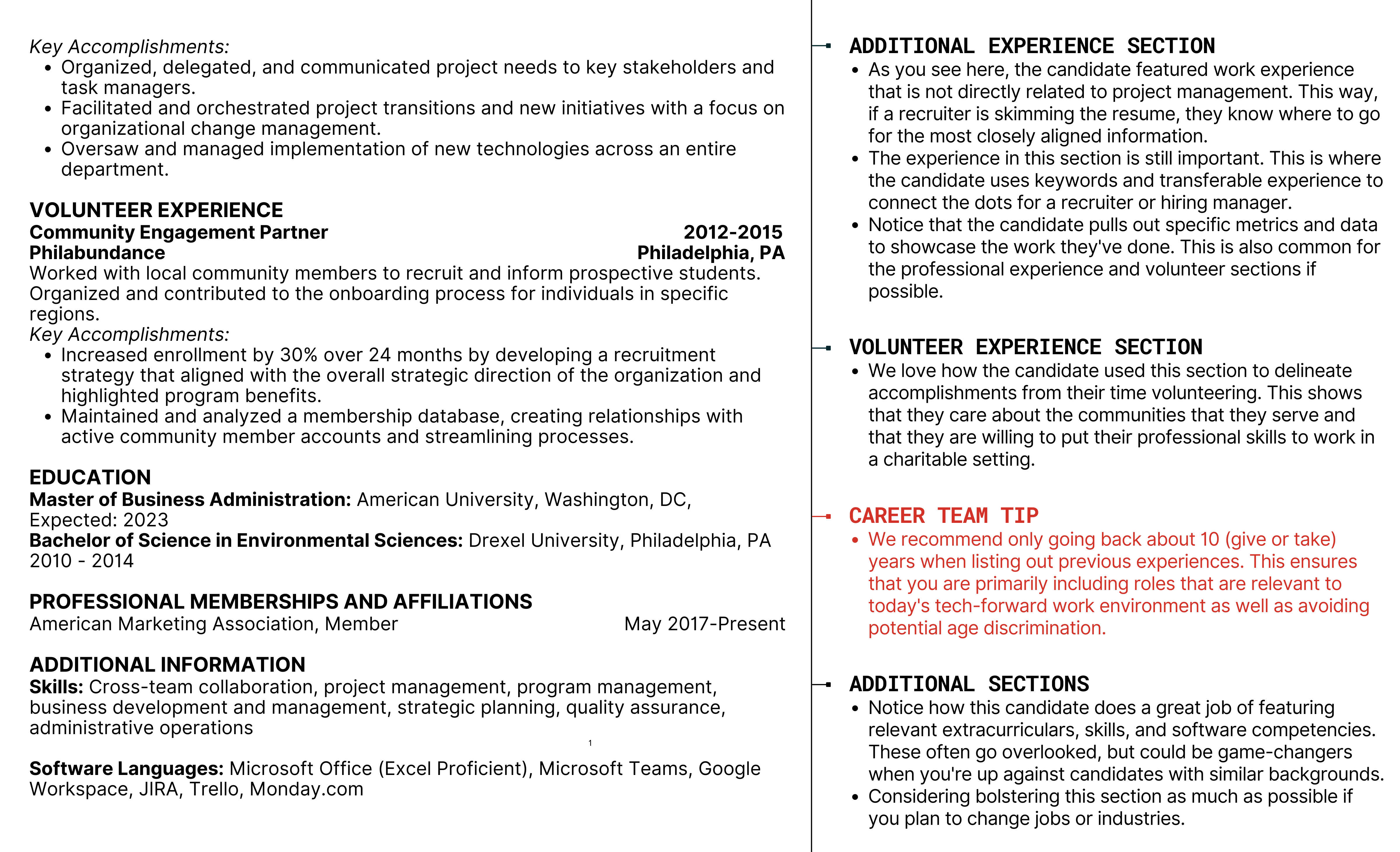 Page two of a sample resume diagram with tips on what the candidate did successfully.
