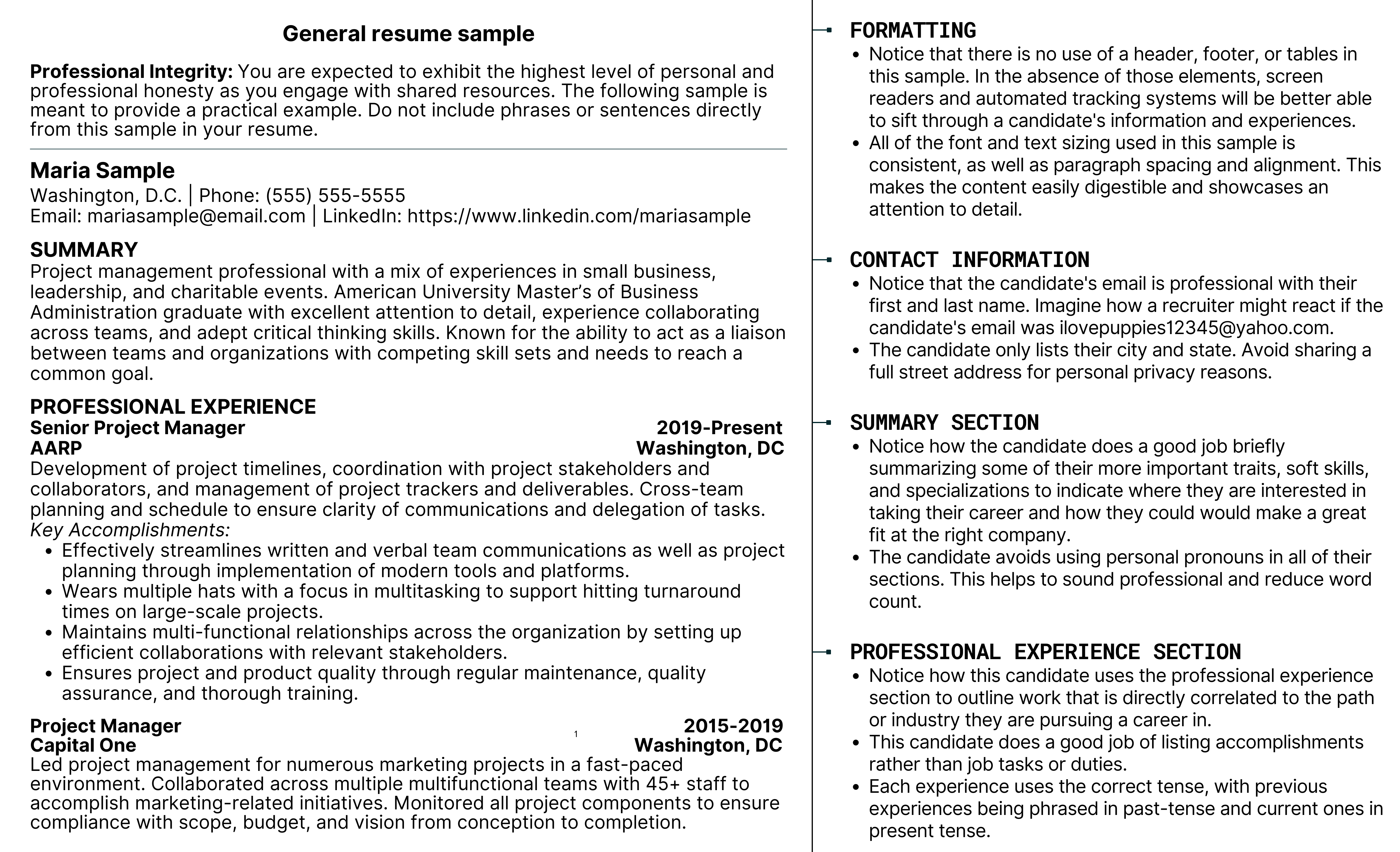 Page one of a sample resume diagram with tips on what the candidate did successfully.