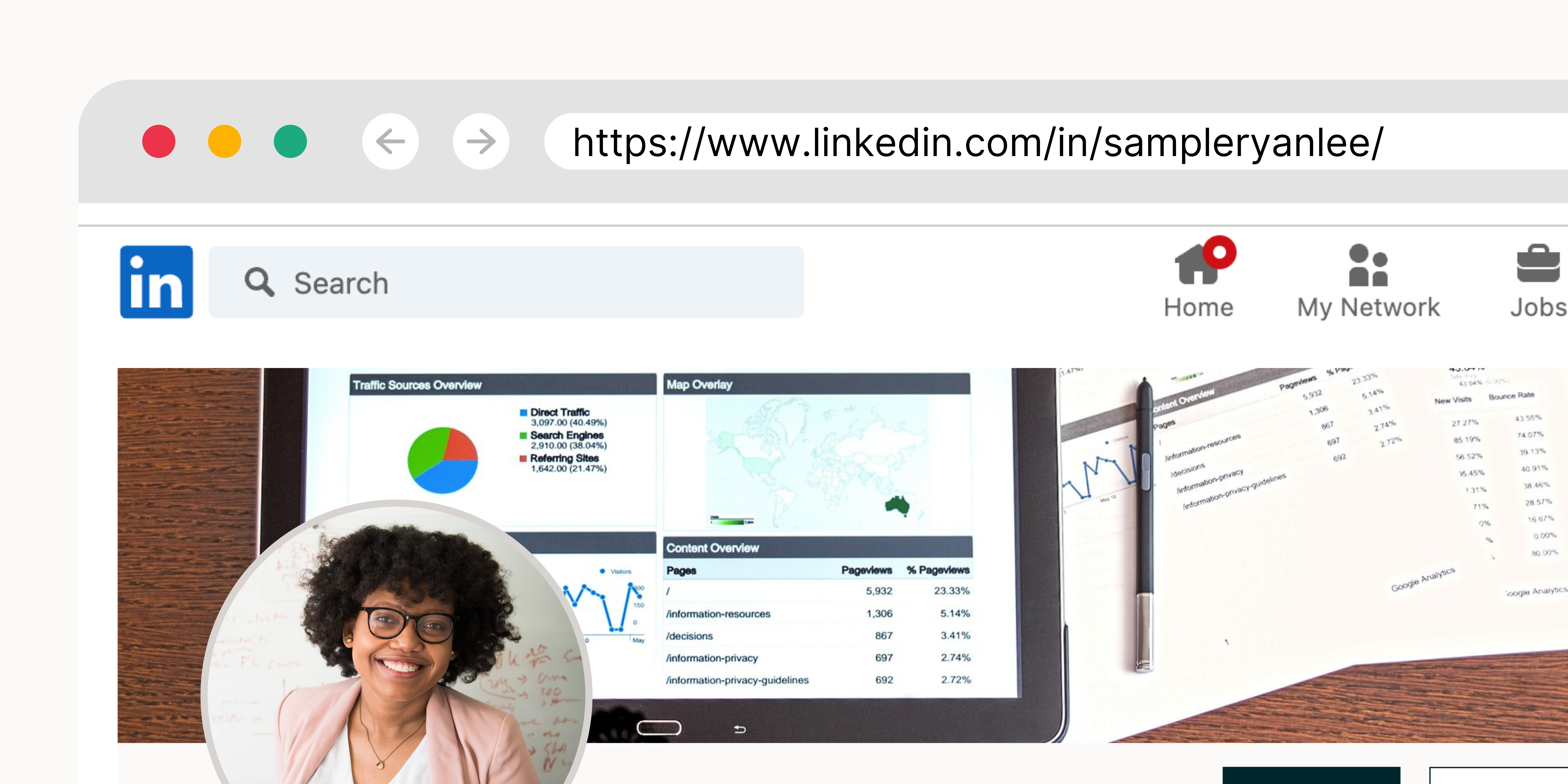 A screenshot of a LinkedIn profile page shows a URL customized to the user's name.