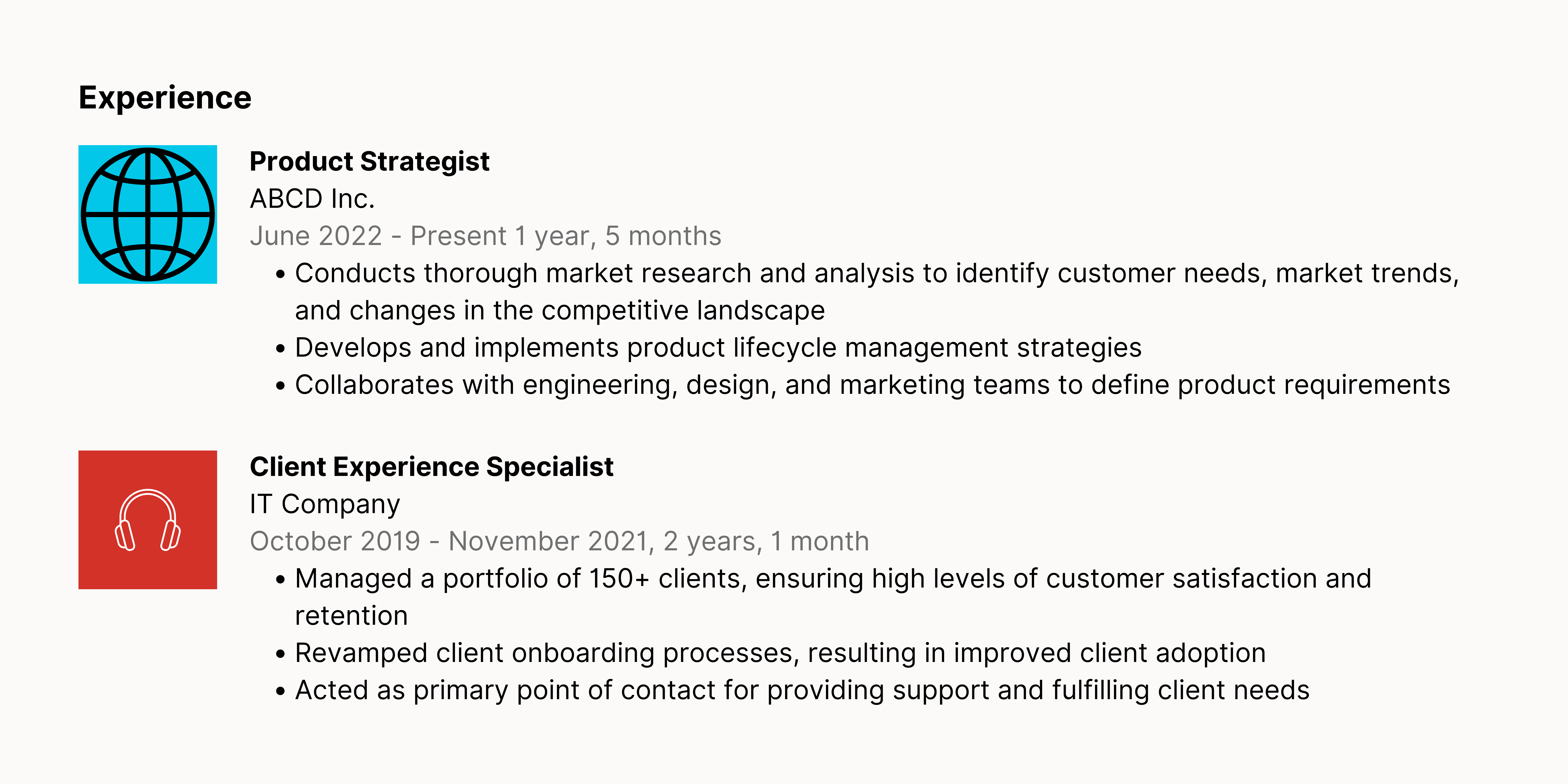 A screenshot shows an experience section with two previous jobs listed. Each position has several bullet points detailing the user's work.