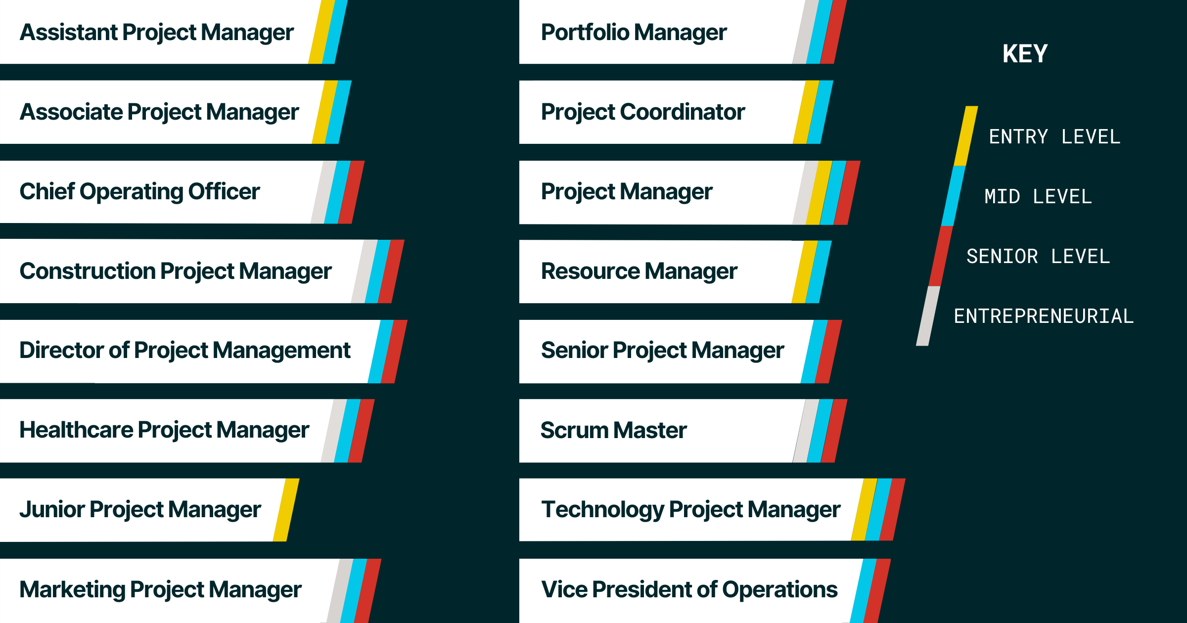 A graphic visualizing 16 roles that call for a project management skill set, alongside categorizations indicating the required expertise level for each role.